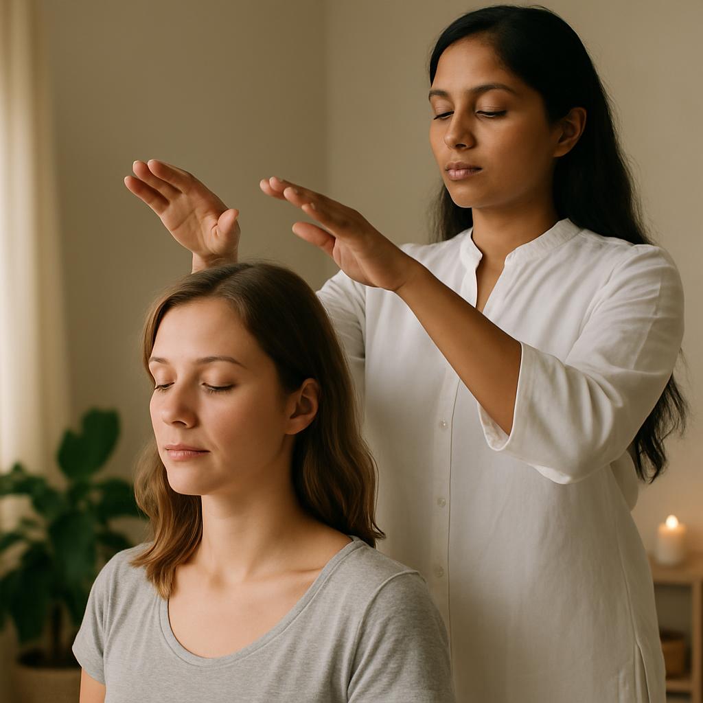A woman with her eyes closed is receiving hands off healing treatment from a person standing behind her