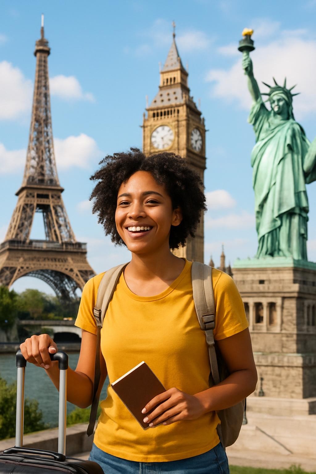 A vibrant image representing the concept of living abroad, featuring a diverse young adult exploring a new country, with iconic landmarks or elements that suggest international travel and cultural exchange, in a welcoming and adventurous style.