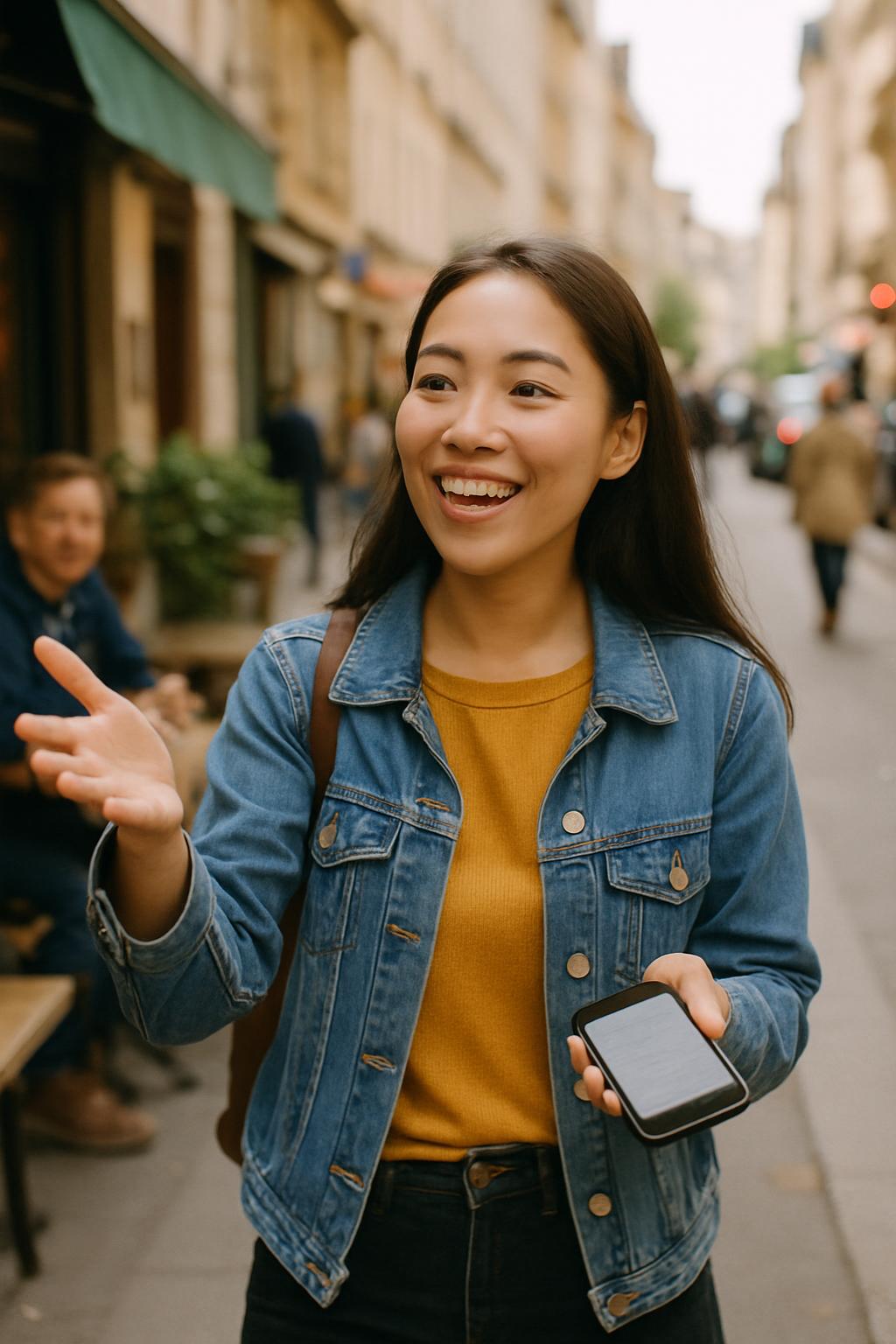 A young woman in a blue denim jacket and yellow shirt smiles at someone off camera, likely someone they are interacting wi...