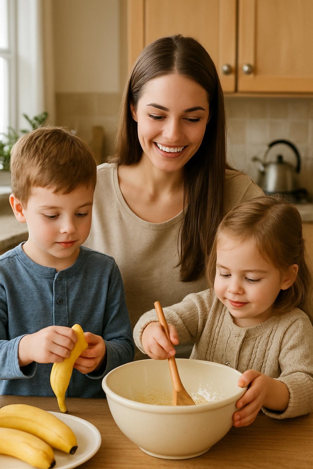 An image representing the concept of an au pair, showing a friendly young adult interacting with children or helping with daily tasks in a family setting, in a warm and welcoming style.
