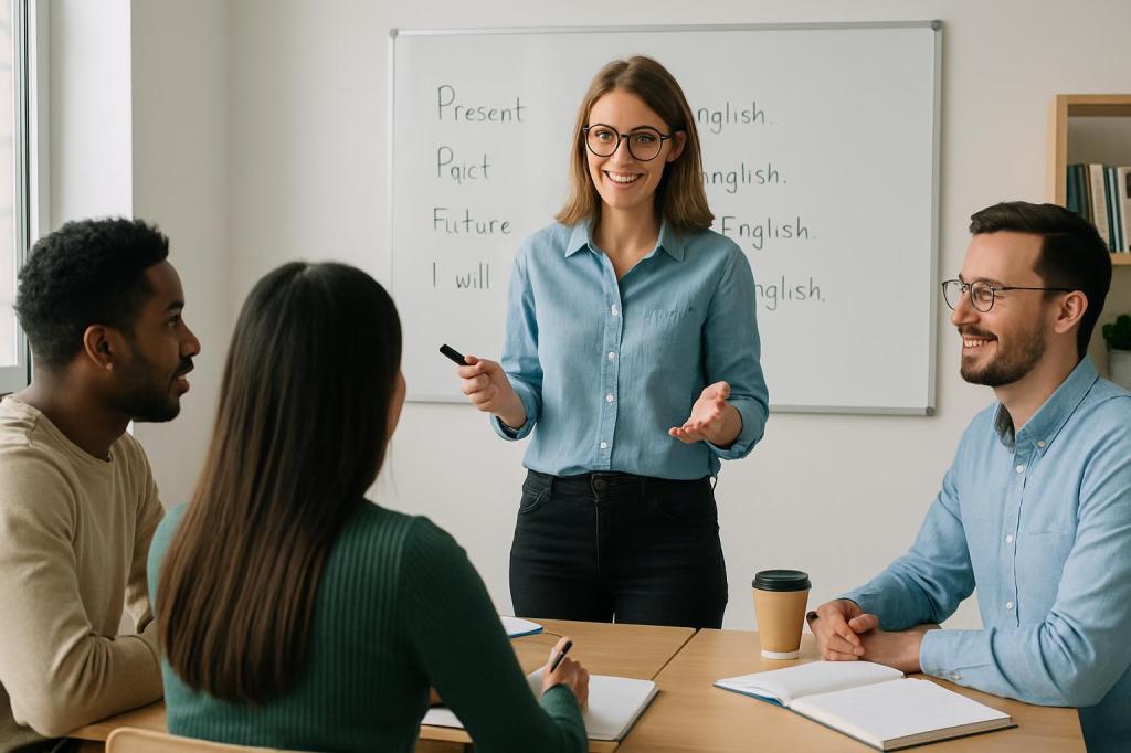 Three adults, one female teacher and two male students, sitting at a table in a classroom discussing English grammar. The ...