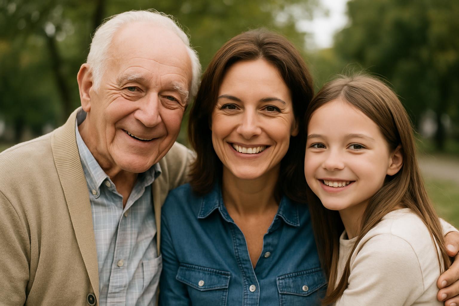 A happy-looking family, a girl, mother, and grandfather, posing for a portrait photograph. Their clothing is casual, but t...