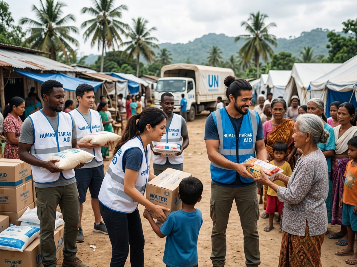Volunteers handing out food and water boxes in a refugee camp setting